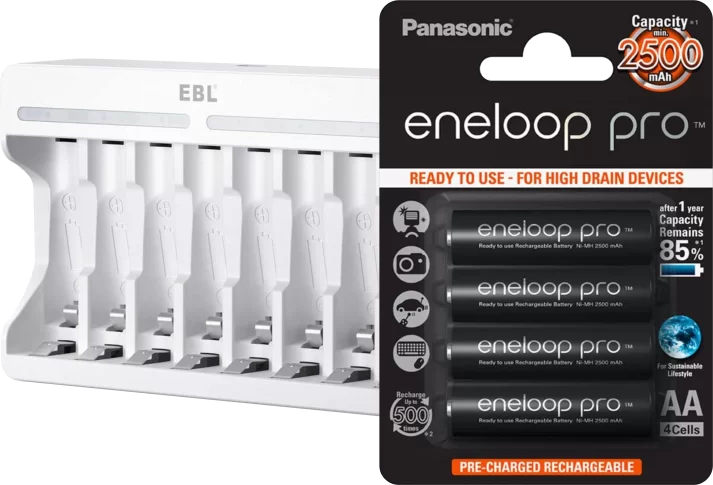 The EBL Battery charger and Eneloop Pros battery pack