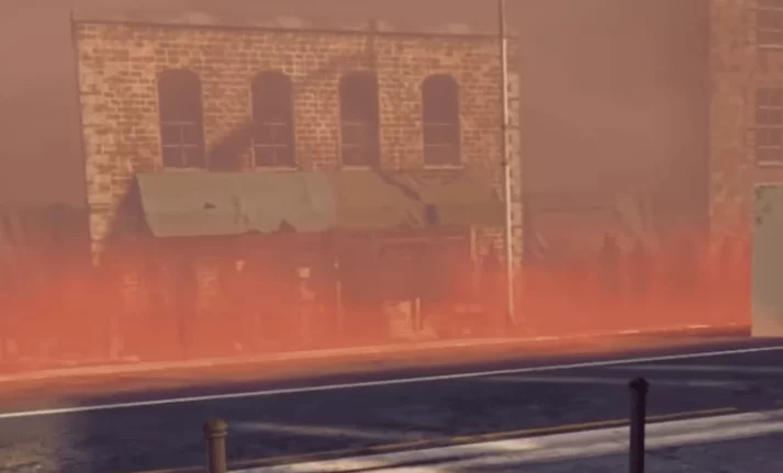 Orange coloured wall of fog: Horde of zombies Orange coloured wall of fog